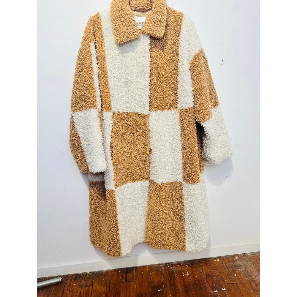 STAND STUDIO Brown White Checkered Pattern Faux Fur Oversized Nikki Coat Size 44 - Picture 5 of 16